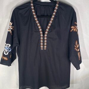 Women’s Boho Embroidered Peasant Black Blouse With Brown & Blue Floral Size Smal